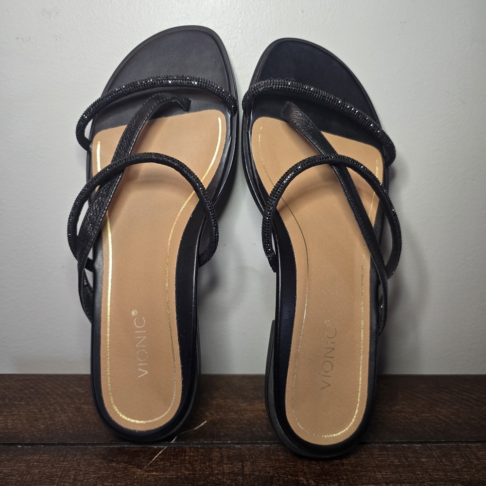 Vionic Womens Prism Sandal Black 9 Rhinestone Gem Sparkle Leather Strappy - Picture 2 of 13